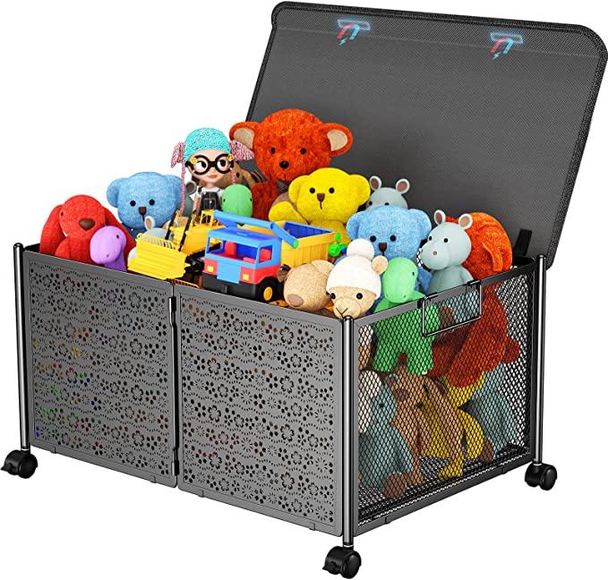 Toy Storage Box With Wheels,Collapsible Metal Kids Toy Storage For Nursery,Playroom 