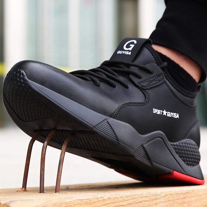 Guyisa Brand 2020 Fashion Black Anti Slip Waterproof Leather Steel Toe Safety Shoes For Men Heavy Industry 