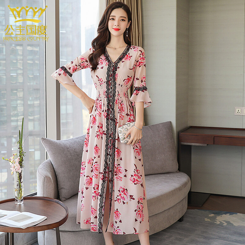 Princess Country Summer Lace Edge Elastic Waist Slim-Fit Heavy Silk Dress Pure  Silk Women's Dress