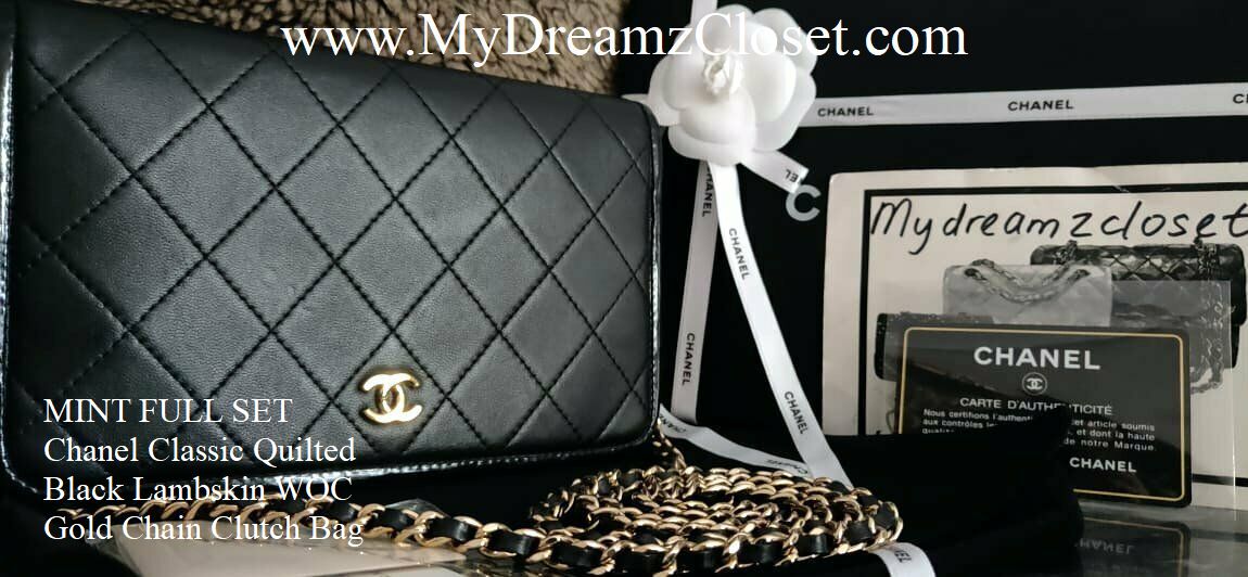 MINT FULL SET Chanel Classic Quilted Black Lambskin WOC Gold Chain Clutch Bag