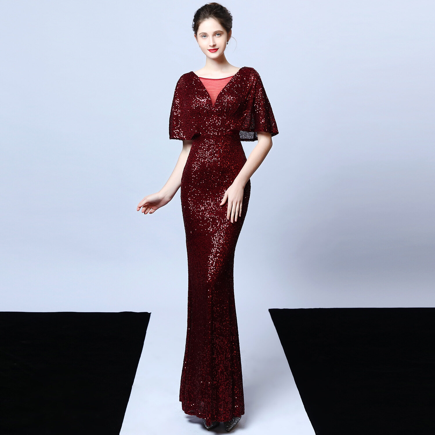 Women Sequin Evening Dresses Prom Party Ball Gown Gold Evening Bridesmaid V Neck Long Dress