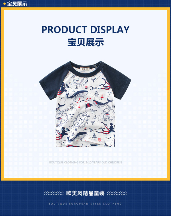 BOYS Summer T-shirt/Children's Top Clothing/100% cotton Short Sleeve/Summer Wear/NAVY WHALE
