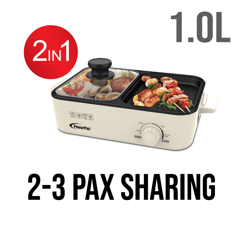 PowerPac Steamboat with BBQ Grill, 2 in 1 Multi Cooker with Non-stick inner pot (PPMC728/PPMC763)