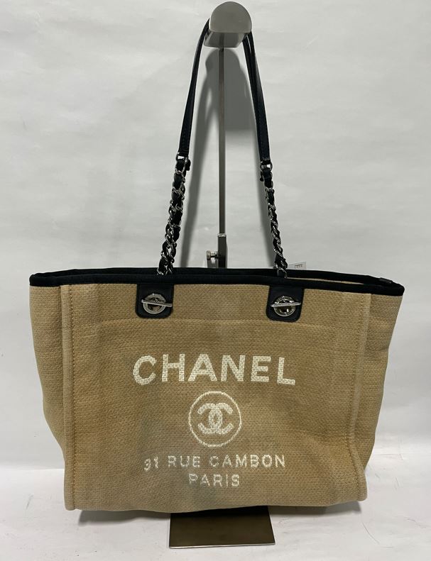 CHANEL DEAUVILLE MM CANVAS & LEATHER CHAIN TOTE BAG