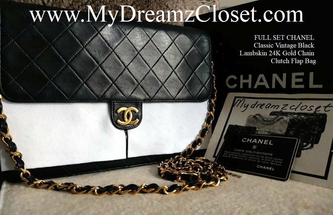 FULL SET CHANEL Classic Vintage Black Lambskin 24K Gold Chain Clutch Flap Bag