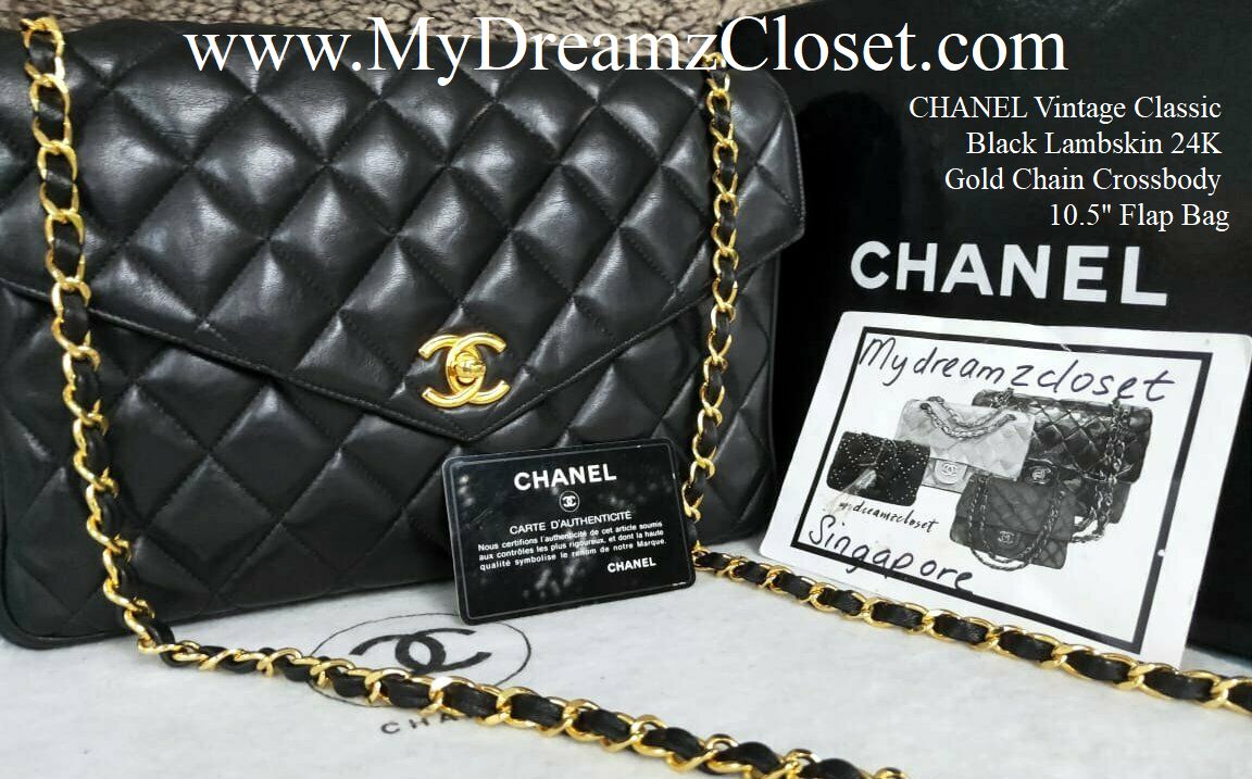 CHANEL Vintage Classic Black Lambskin 24K Gold Chain Crossbody 10.5" Flap Bag